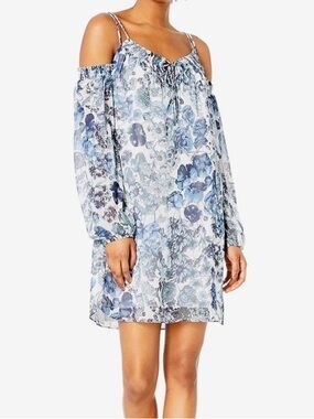 Anthropologie Bailey-44 Floral Vneck Chiffon Toile Dress Longsleeve Blue